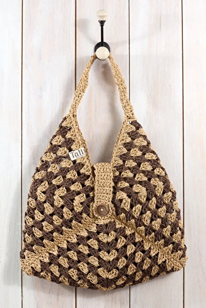 Talinhandmade El Örgüsü Hasır Plaj Çantası - Kahve Bej