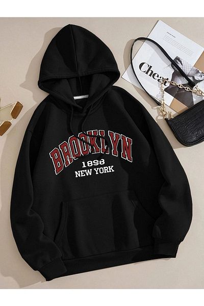 DUBU BUTİK Brooklyn New York Sweatshirt - Black Printed Oversize Hoodie