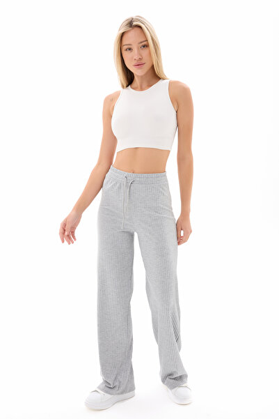 vesantia Kadın Gri Palazzo Fitilli Bol Paça Kaşkorse Eşofman Altı