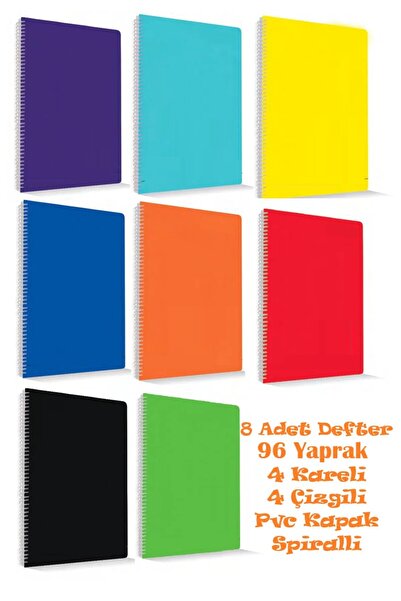 GÜZELYÜZ AVM I'M Smart Defter A4 Okul Defteri 96 Yaprak 8 ADET 4 KARELİ 4 ÇİZGİLİ Spralli Pp Kapak Defter Seti