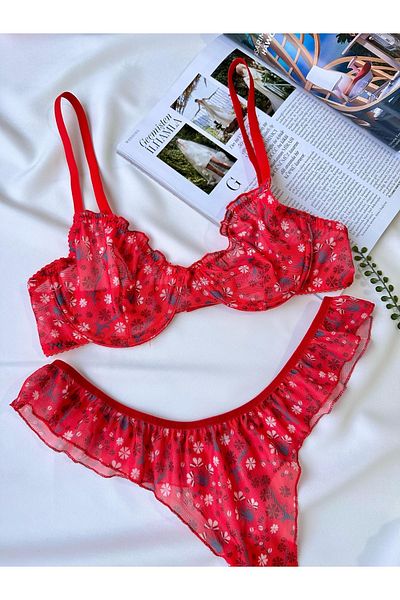 İNKO İÇ GİYİM Floral Underwire Tulle Bra Thong Set