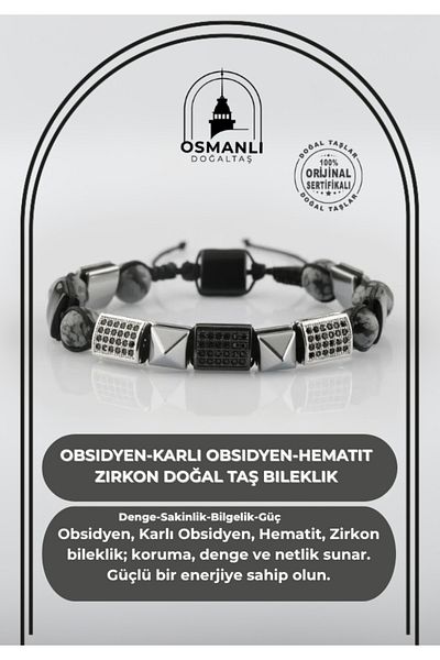 OSMANLI DOĞAL TAŞ Obsidian-snowmed Obsidian-hematite Zircon Natural Stone Bracelet