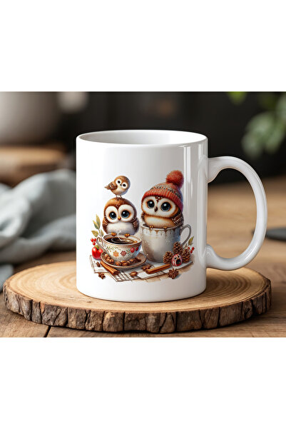 BB TRADE Baykuş Çiftler Tasarımlı Beyaz Seramik Baskılı Kupa Bardak 330ml