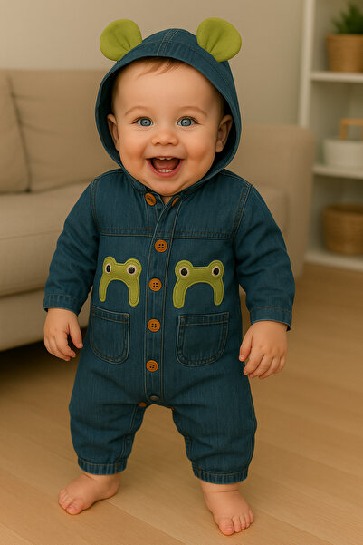 CROCODAYS Unisex Çocuk Bebek Kot (JEANS) Nakışlı Kapşonlu Tulum (3/6/9/12) Ay