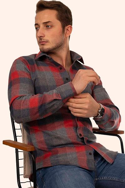 Etikmen Red Gray Checkerboard Patterned Lumberjack Slimfit Shirt with Gift Box