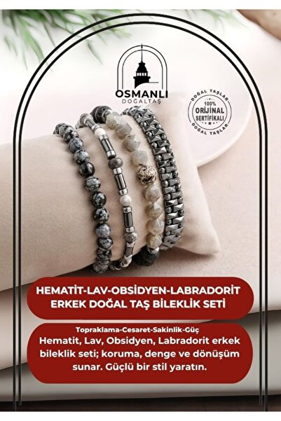 OSMANLI DOĞAL TAŞ Hematit-lav-obsidyen-labradorit Erkek Doğal Taş Bileklik Seti