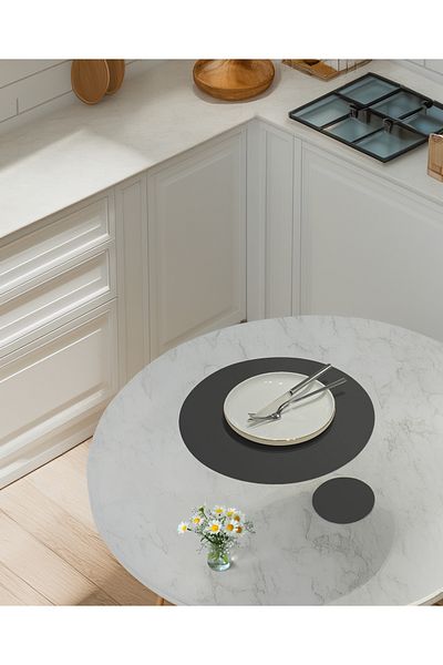 ASDİVA Ellipse Faux Leather Round Cut American Service Supla 4 Piece Placemats for 2 People - Anthracite