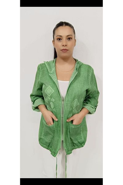 AKŞEN GİYİM LARGE SIZE WOMEN'S COTTON LINEN FABRIC EMBOSSED AND SIM PRINTED TWO-POCKET HOODED ZIPPERED JACKET