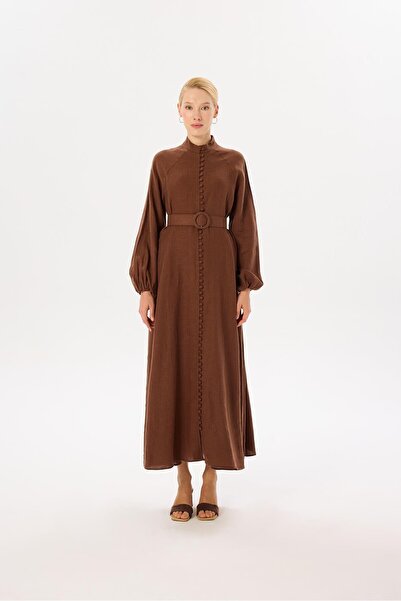TERZİ DÜKKANI ROYAL %100 KETEN BRİT DÜĞMELİ ELBİSE KAHVE