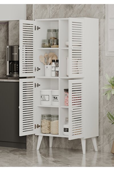 enwood DENEB MDF BEYAZ 4 KAPAKLI(PANJUR KAPAK) AHŞAP AYAKLI KİLER DOLABI