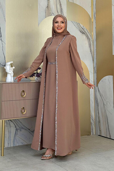 Bym Fashion Πέτρα Χειροποίητο Λεπτομερές Σετ Φόρεμα Γιλέκο 3838 Mink