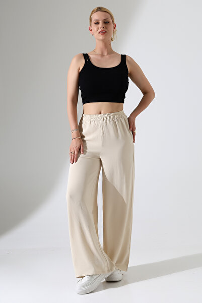 BEDUCA Ecru High Waist Aerobin Fabric Wide Leg Palazzo Trousers