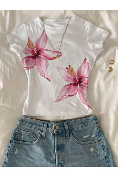 EVIus Kadın Çiçek Baskılı Likralı Kısa Kol Body Tee Crop