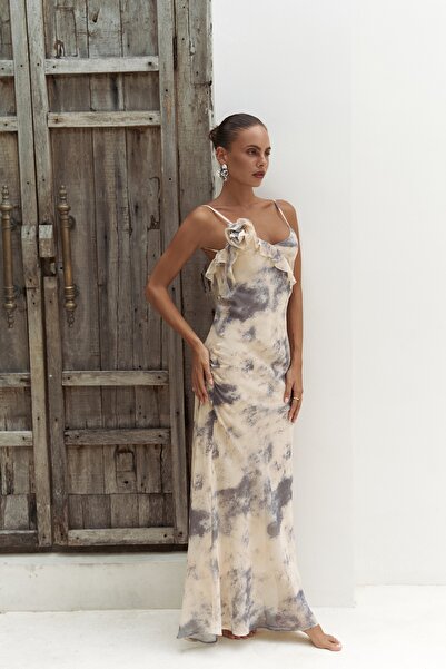 BOHEMAİ Purtyas Fırfır Detaylı Sarı Uzun Elbise