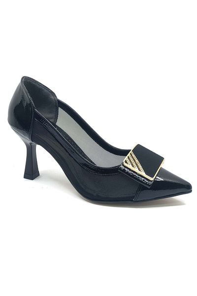 KCMN Feles Women's Heeled Shoes with Transparent Stone Buckle Detail Black