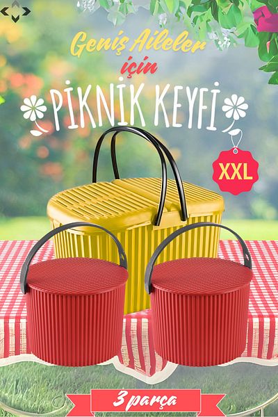 LİGROUND XXL Red Yellow Picnic Basket Large Size Picnic Basket Set for Large Families 3 Piece Picnic Basket