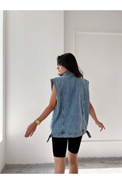 Perryes Yan Cep Detaylı %100 Pamuk Denim Yelek Mavi