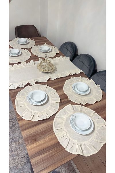 ÇIQRIK HOME Σετ τραπεζιού 7 τεμαχίων λινό με 6 τμχ σουπλά σουπλά + 1 τεμ. βολάν Runner - 40x110 cm