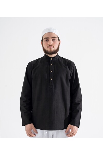 MAARİF GİYİM Erkek Hakim Yaka Yarım Düğmeli Hac Ve Umre Keten Gömlek