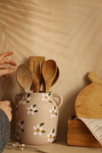 Hoyatap Büyük Dekoratif Çiçek Desenli Açık Bej El Yapımı Kulplu El Boyama Ser...