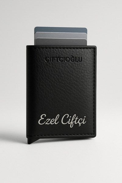 çiftçioğlu Kişiye Özel Baskılı Vegan Deri Rfid Mekanizmalı Siyah Kartlık Cüzdan-kutulu