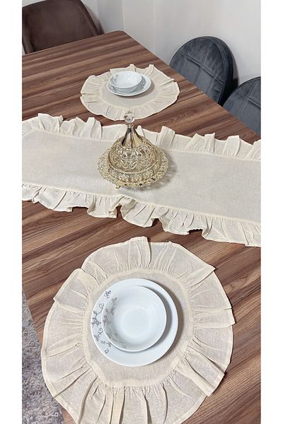 ÇIQRIK HOME Σετ τραπεζιού 3 τεμαχίων λινό 2 τμχ Αμερικάνικο σουπλά + 1 τεμ. Frilly Runner - 40x110 cm