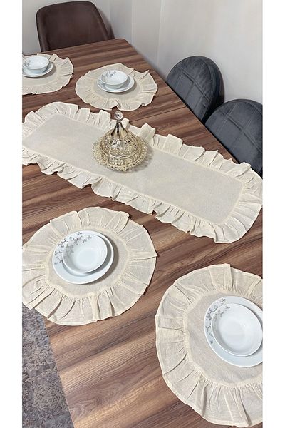 ÇIQRIK HOME Σετ τραπεζιού 5 τεμαχίων λινό με 4 τμχ σουπλά σουπλά + 1 τεμ. βολάν - 40x110 cm
