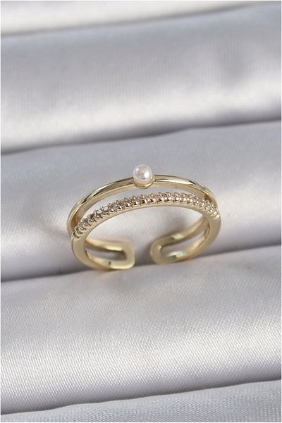 Skygo Brass Gold Zircon Stone Pearl Detail Adjustable Women's Ring - Tj-Byk3370