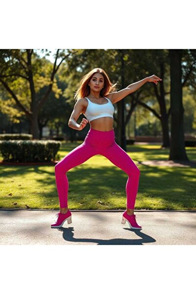 DRECCEX Yüksek Bel Tayt Toparlayıcı Tayt Sporcu Tayt Fitness Yoga Fuşya Tayt