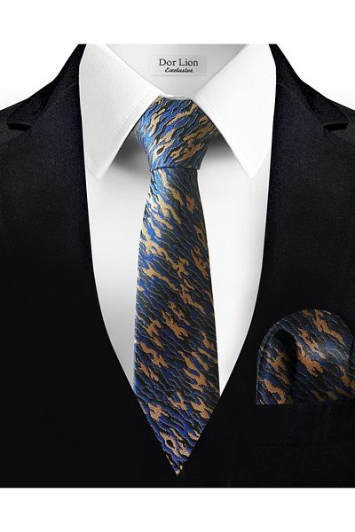 Dor Lion Patterned Navy Blue Tie and Handkerchief - 7 cm