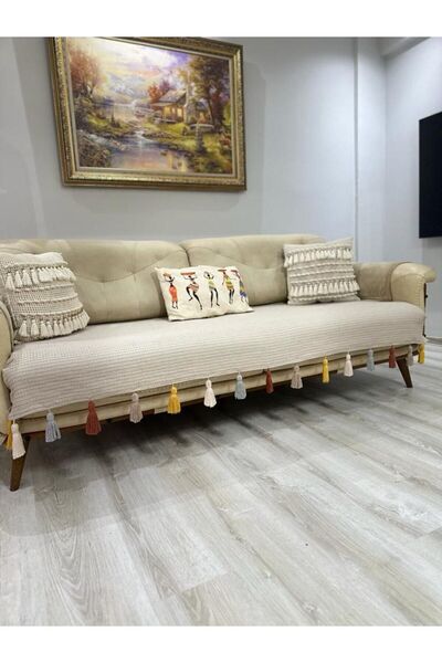 Petek Home Renkli Püsküllü Koltuk Örtüsü Vizon Renk (1 ADET 90X210) Yanlizca Oturma Alanına Ortudur