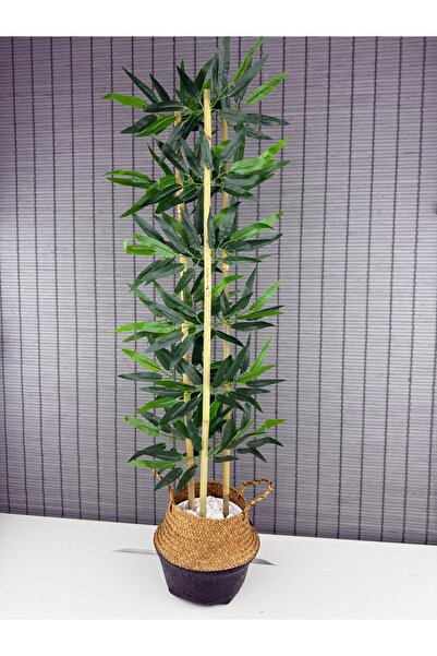 Bahçem Dekoratif Yapay Yapraklı Natural-siyah Hasır Bambu Sepetli Dekoratif Bambu Ağacı 100cm 3 Gövde