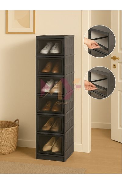 Myend 6-Piece Modular Shoe Rack Cabinet Anthracite Shoe Box Set with Lid Stackable
