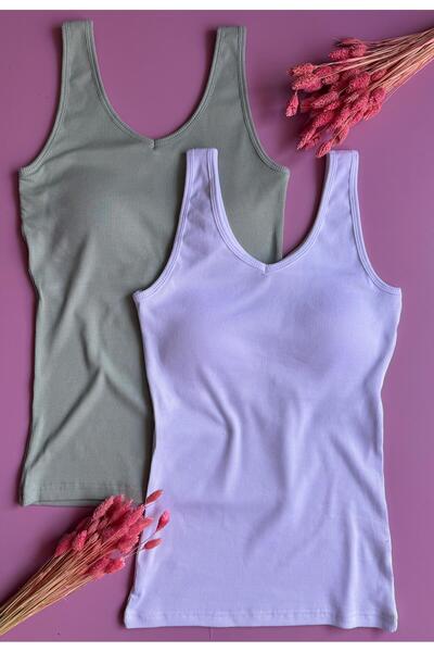 VicTroy Bratique 2-Pack |   Modal Camisole Fabric White and Green V-Neck Women's Blouse
