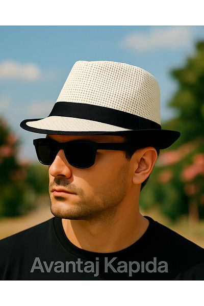 Avantaj Kapıda Premium Fedora Straw Hat – Adult Unisex, Black Stripe, Classic Summer Style