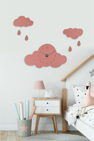 İnfigo Concept Ahşap Pembe Bulutlu Çocuk Odası Duvar Saati - (AHŞAP STİCKER B...