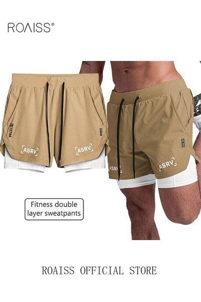 ROAISS Five-Point Sports Shorts Fake Two-Piece Quick Drying Double Layer Basketball Pants Anti-Light Runnin