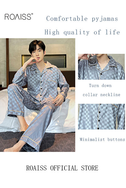 ROAISS 2-Piece Set Men's Long Sleeves Sleepwear Sets Satin Checked Printing Sleepwear Pajamas Pants Silk Ni
