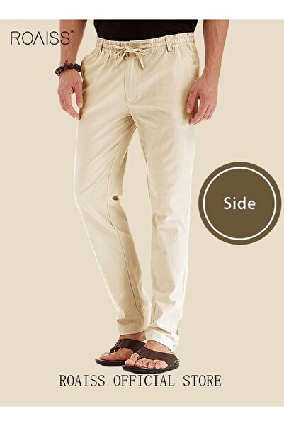 ROAISS Men's Casual Solid Color Pants Loose Drawstring Waist Elastic Design Cotton Versatile Trousers