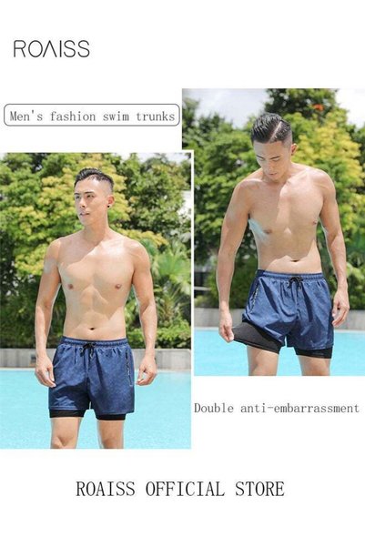 ROAISS Men's Swimming Trunks Beachwear Quick Dry Gym Wear Beach Pants Fitness...