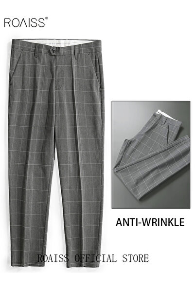 ROAISS Young Men's Suit Pants Straight Fit British Plaid Thin Section Business Casual Pants Cropped Pants