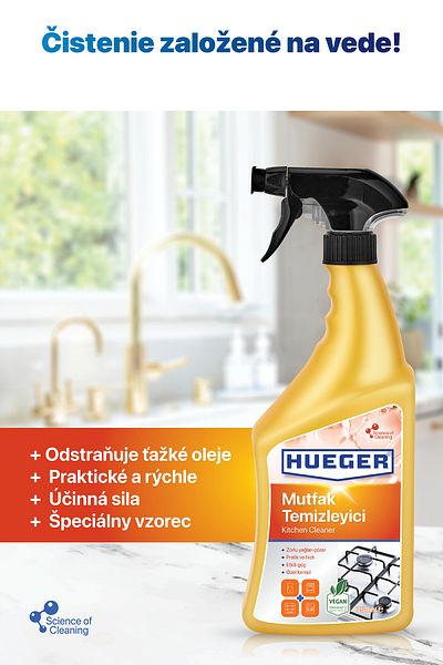 Hueger Vegánsky čistič kuchyne – výkonný odstraňovač oleja a nečistôt s penovou a rozprašovacou hlavicou, 750 ml