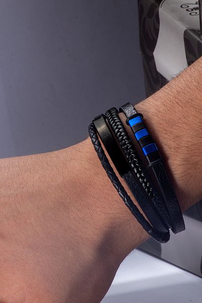 OSMANLI GÜMÜŞ Men's Bracelet - Knitted Leather Quadruple Bracelet