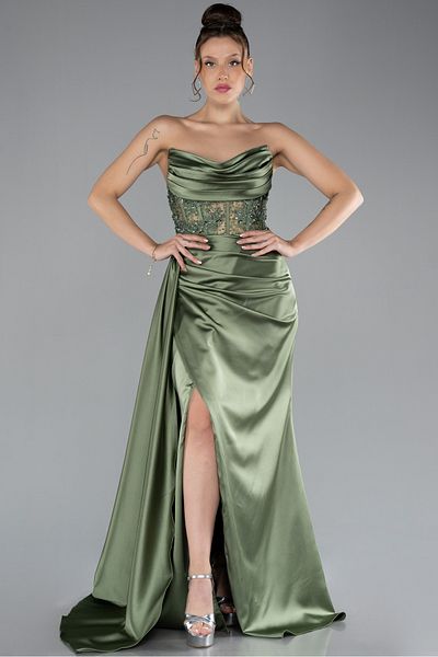 Abiyefon Khaki Strapless Draped Long Satin Evening Dress Abu2127