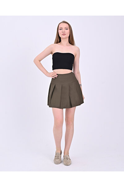 polle Khaki Women's Pleated Woven Mini Skirt Hzl2320