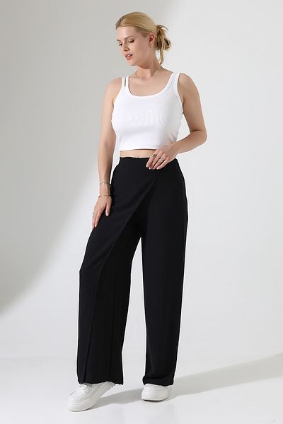 BEDUCA Black High Waist Aerobin Fabric Loose Leg Palazzo Trousers with Front Piece Detail