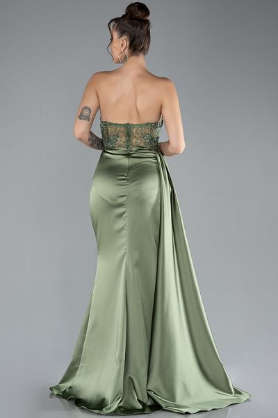 Abiyefon Khaki Strapless Draped Long Satin Evening Dress Abu2127