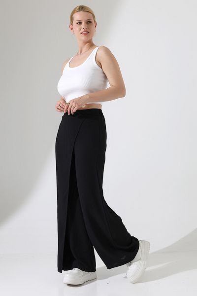 BEDUCA Black High Waist Aerobin Fabric Loose Leg Palazzo Trousers with Front Piece Detail