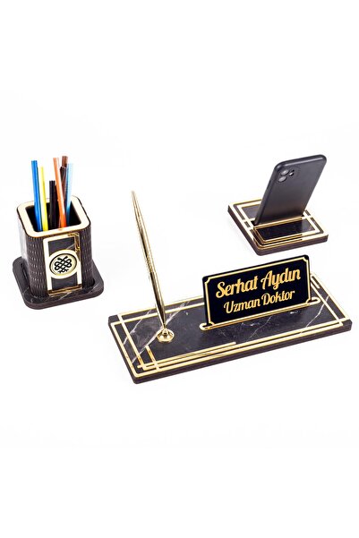 Ofistike Space Doktora Özel Kalemlikli Ahşap Masa İsimliği Seti Mermer Desenl...