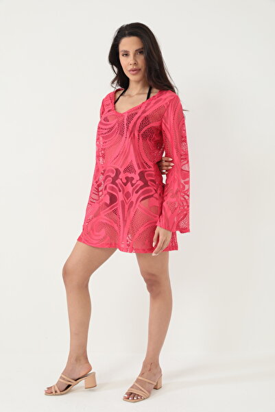 BY PAPI Kolları Volanlı V Yaka Dantel Elbise